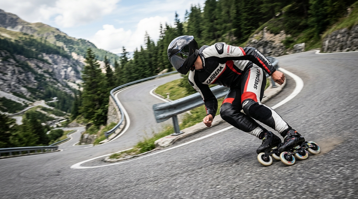 Inline downhill skater carving sharply around mountain pass hairpin turn at high speed in leather suit