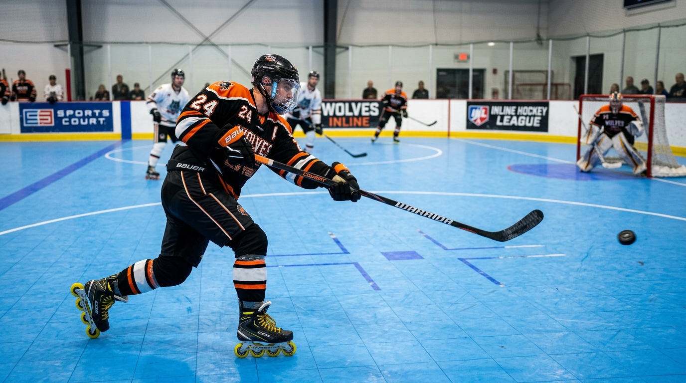 Inline hockey player taking a slapshot with puck on indoor sport-court surface
