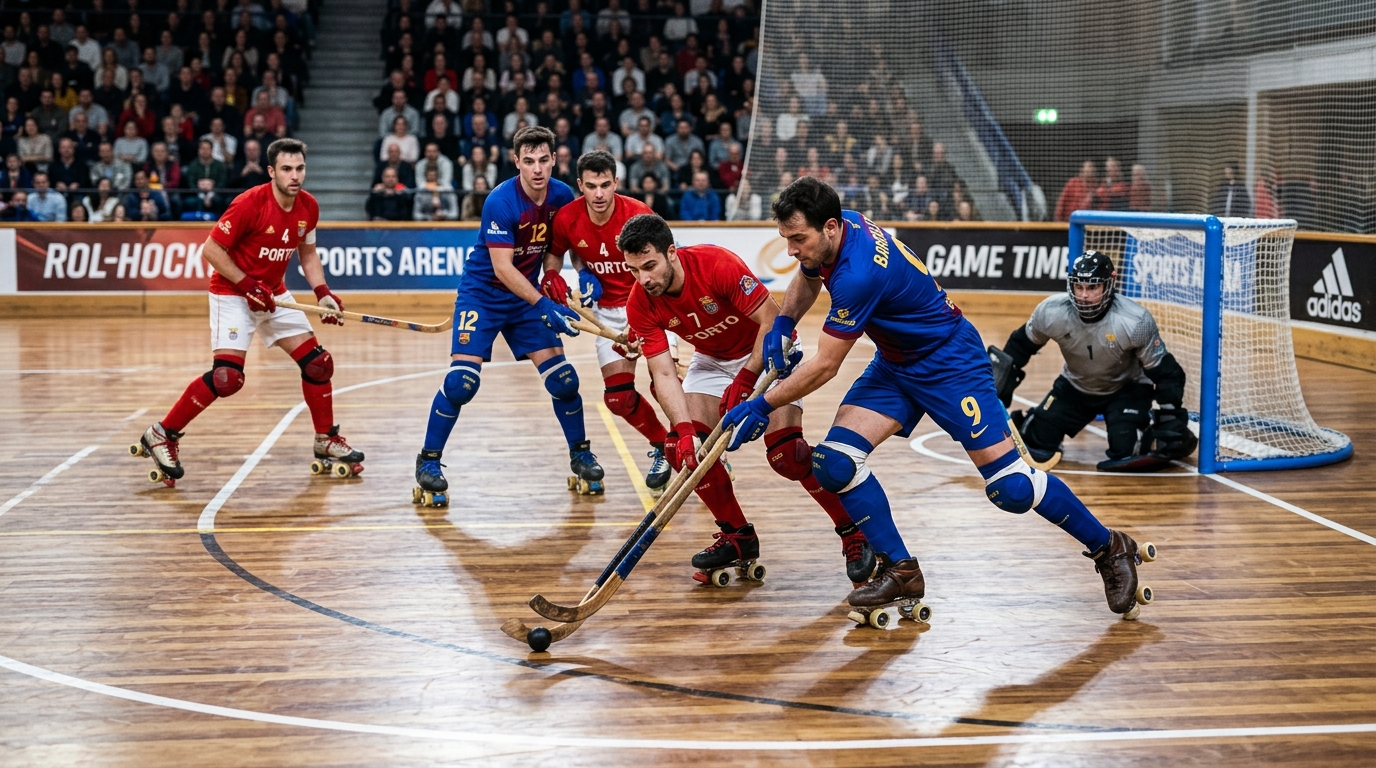Rink quad roller hockey players battling for ball near the goal with wooden cane sticks