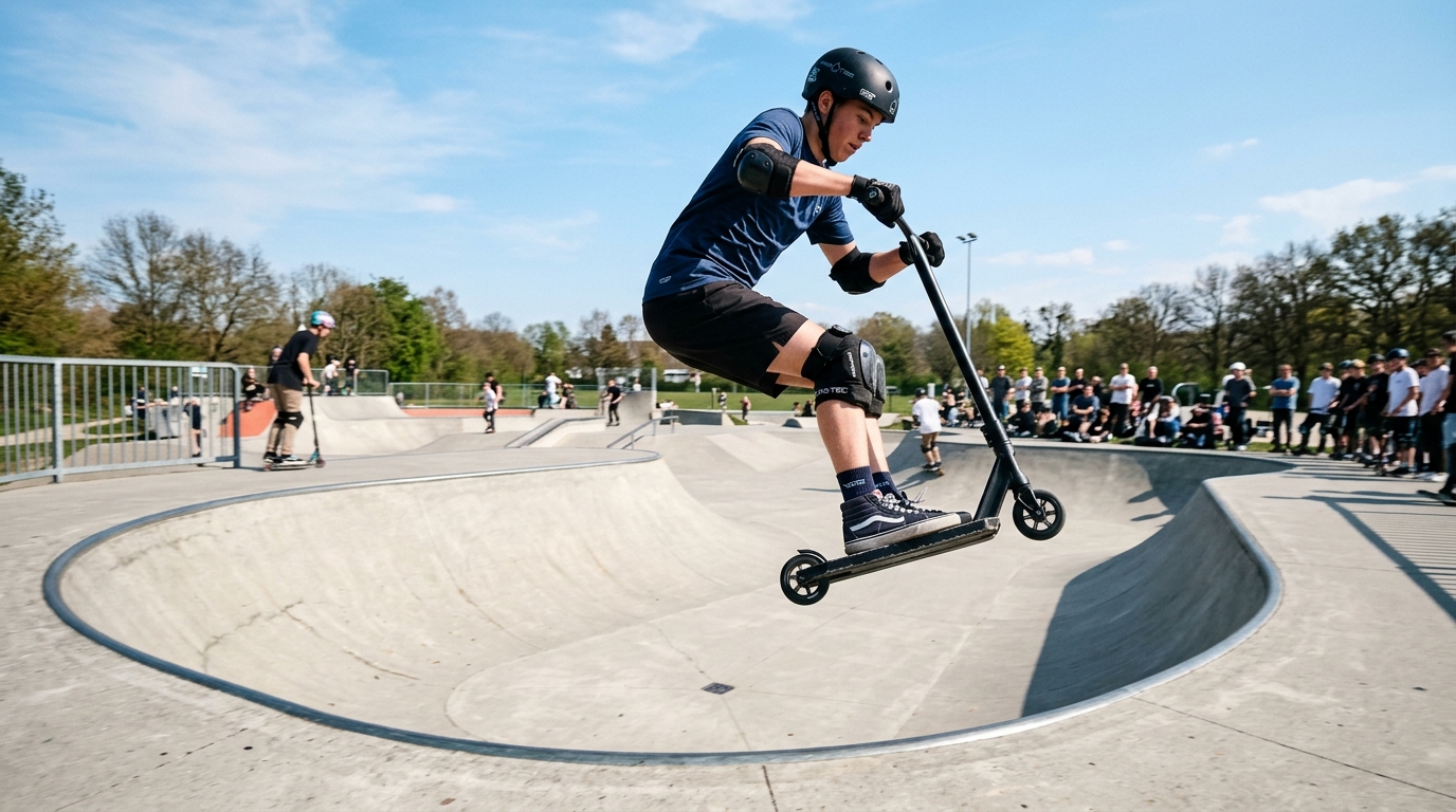 Freestyle stunt scooter athlete catching big air above a concrete skatepark bowl transition