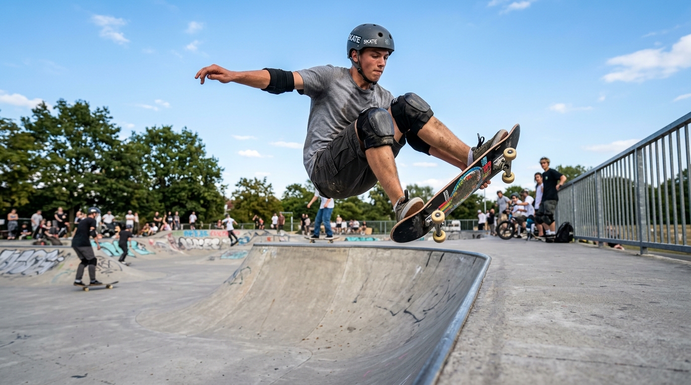 Youth athlete executing an aerial grab trick in a concrete skatepark bowl